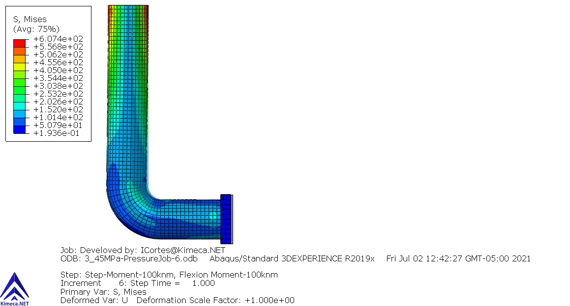 Elastic-plastic collapse of a thin-walled elbow under in-plane bending and internal pressure 12 Mises Step Momento de Flexion 100KNm