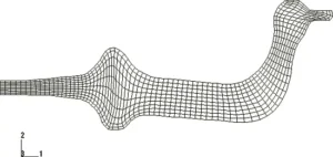 Figure 5. The deformed mesh for the axisymmetric model using the default hourglass formulation (HOURGLASS=RELAX STIFFNESS) at the end of forming.