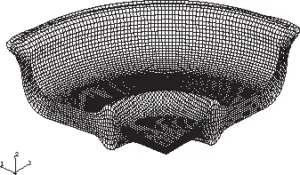 Figure 8. The deformed mesh for the three-dimensional model using the pure stiffness hourglass formulation (HOURGLASS=STIFFNESS) and the orthogonal kinematic formulation (KINEMATIC SPLIT=ORTHOGONAL) at the end of forming.