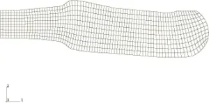 Figure 4. The deformed mesh for the axisymmetric model using the default hourglass formulation (HOURGLASS=RELAX STIFFNESS) at an intermediate stage